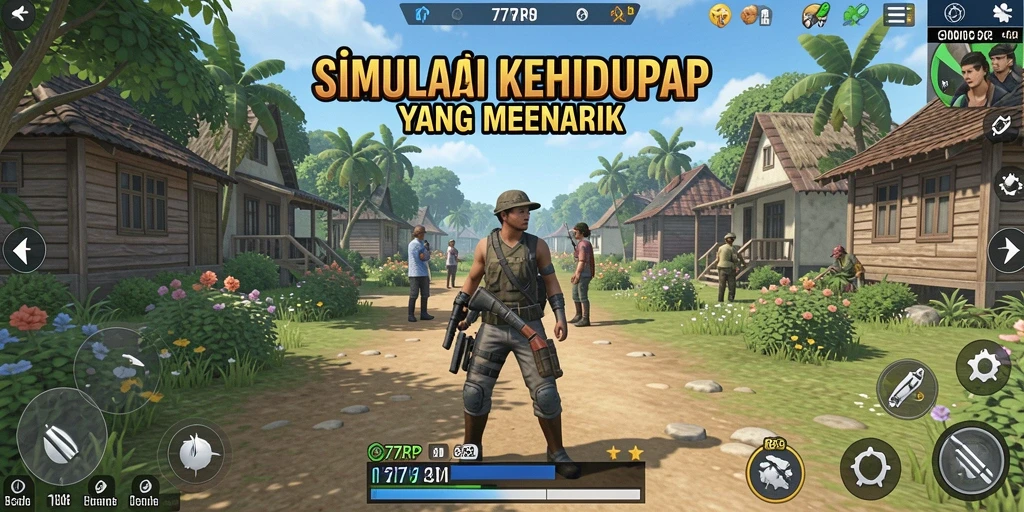 Screenshot gameplay dari 77RP menampilkan karakter dalam suasana simulasi kehidupan.