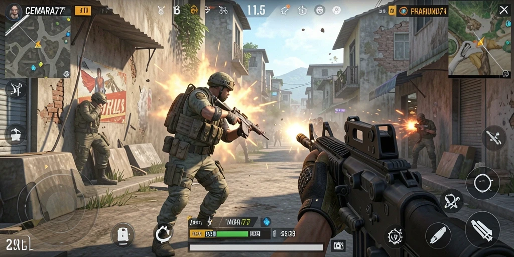 Tangkapan layar utama menampilkan aksi tembak-menembak dalam game FPS.