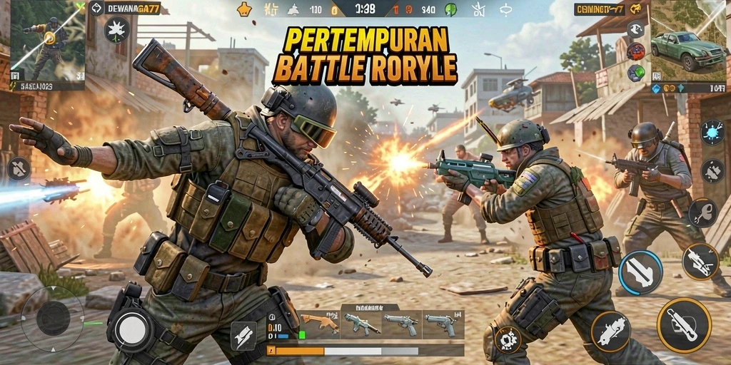 Tangkapan layar DEWANAGA77 menampilkan aksi pertempuran Battle Royale yang seru.
