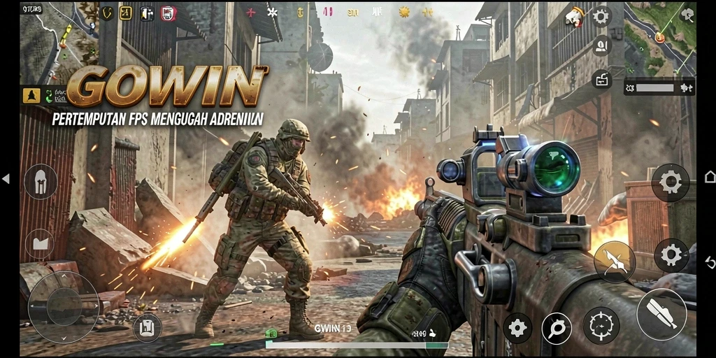 Screenshot gameplay GOWIN yang menunjukkan aksi tembak-menembak mendebarkan.