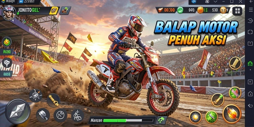 Screenshot gameplay JONITOGEL menampilkan balapan motor yang seru dan penuh aksi.