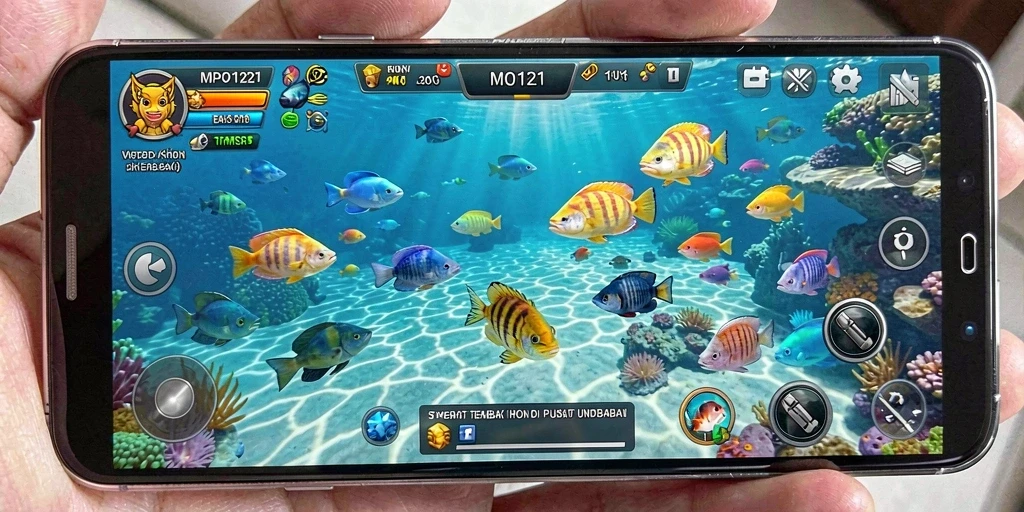 Screenshot MPO1221 menampilkan pemain yang sedang menembak ikan di lautan.