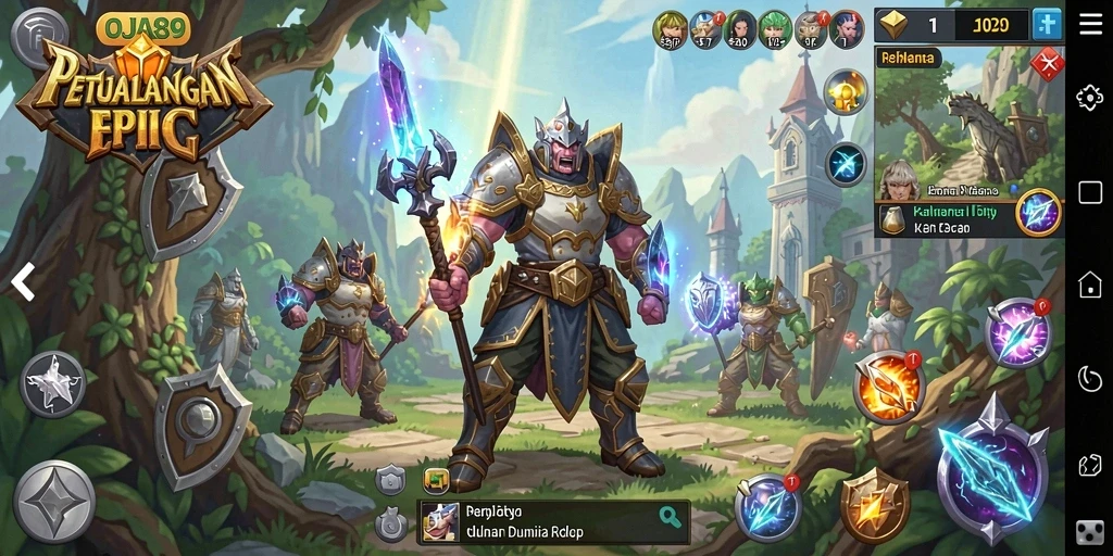 Screenshot utama menampilkan karakter utama dalam pertarungan epic di dunia RPG.