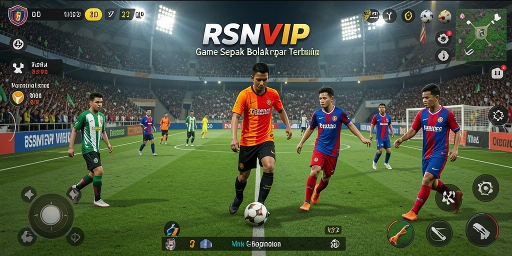 Screenshot gameplay RSNVIP menampilkan aksi pertandingan sepak bola yang intens.