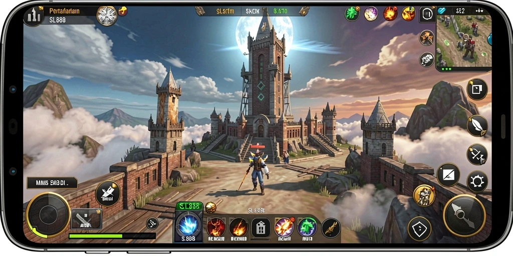 Tampilan gameplay SL888 menampilkan menara berfungsi dan musuh yang menyerang.
