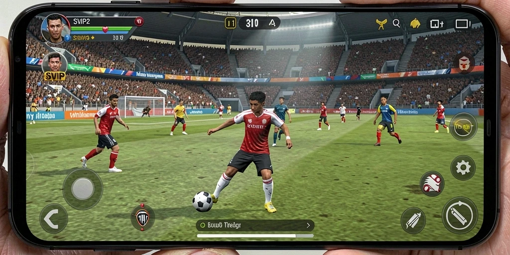 Tampilan gameplay SVIP2 yang menampilkan pertandingan sepak bola.