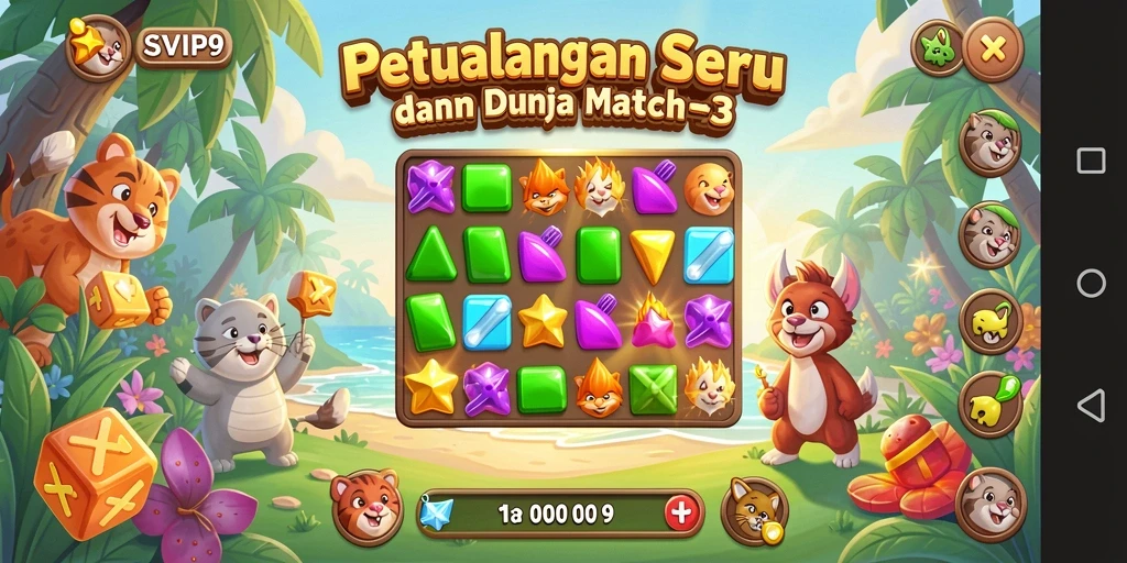 Gameplay seru dengan kombinasi batu permata berwarna-warni.