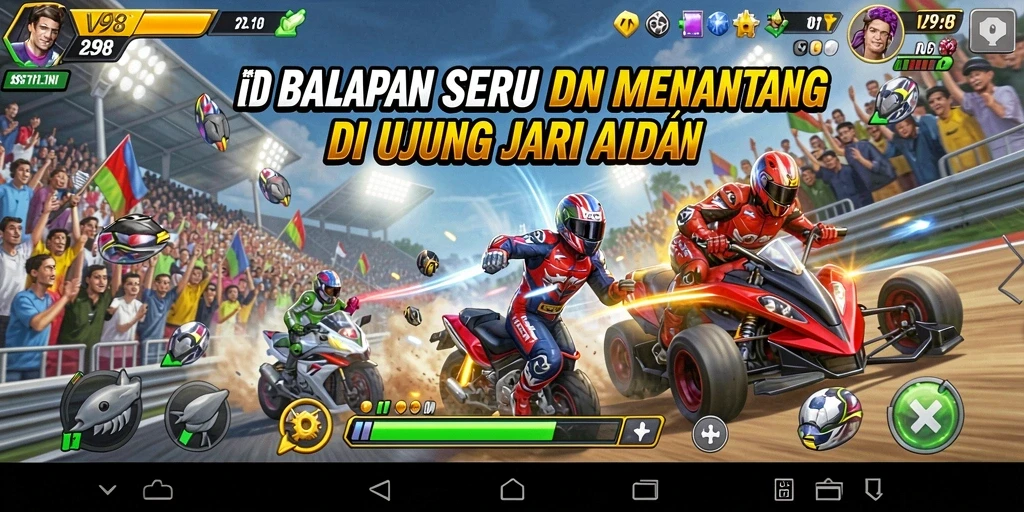 Screenshot V98 menampilkan aksi balapan yang mendebarkan.